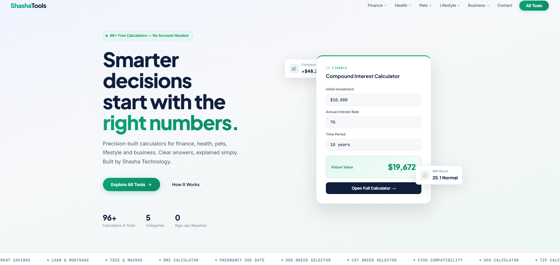 ShashaTools — free calculator platform, showing the Compound Interest calculator